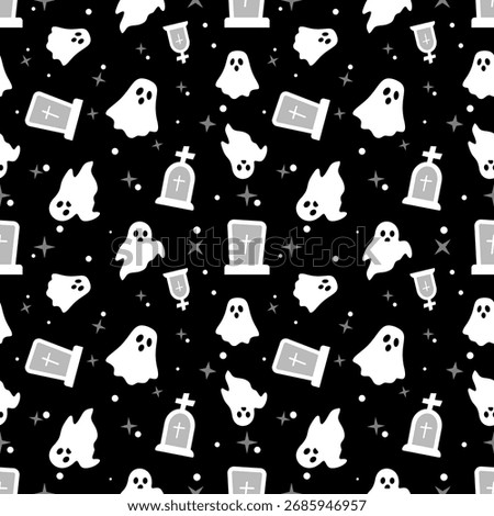 Seamless Halloween pattern with white ghosts, gravestones, and stars on black background. Perfect for textile, wallpaper, wrapping paper, invitations, spooky decorations, and holiday design.