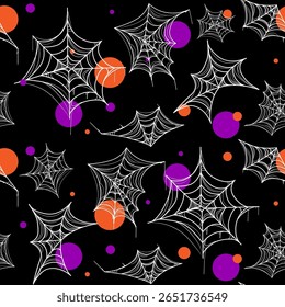 Seamless Halloween pattern with white spider webs and orange and purple dots on black background, ideal for seasonal decorations, textiles, party invites, and festive packaging.Vector illustration