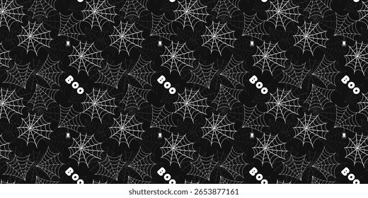 Seamless Halloween pattern with white spiderwebs, small spiders and "Boo" text on a black editable background. Repeating spooky web texture in cartoon style