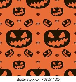 Seamless Halloween pattern of wickedly grinning pumpkins. Eerie background in black and orange colors. Vector illustration for various creative projects