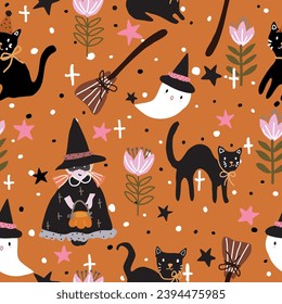 Seamless halloween pattern with witch, cat, tulip, little ghost, no sweep witch, stars, star sparkles and black and white dots on orange background, used for wallpaper, textile and print.