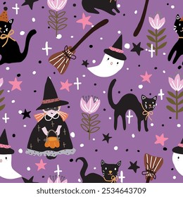 Seamless halloween pattern with witch, cat, tulip, little ghost, no sweep witch, stars, star sparkles and black and white dots on purple  background, used for wallpaper, textile and print.