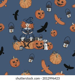 
Seamless halloween pattern with witch crowns and pumpkins