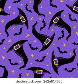 Seamless Halloween pattern. witch hat, bats and stars