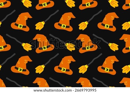 Seamless Halloween pattern with witch hats and broomsticks on black background. Perfect for magical crafts, invitations, and festive decor.