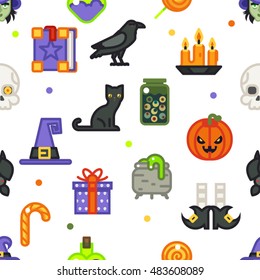 Seamless halloween pattern witch magic candies gifts icons isolated flat design line art vector illustration