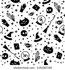 Seamless Halloween Pattern with witchcraft and cat