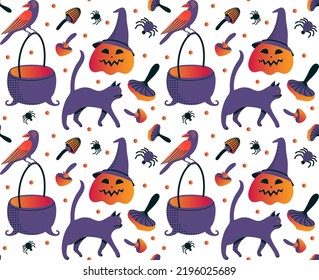 Seamless halloween pattern with witchcraft symbols: cauldron, cat, mushrooms, spiders, pumpkin, raven. Witches magician pattern