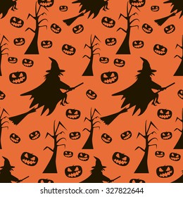 Seamless Halloween pattern of witches flying on broomsticks, evil demonic pumpkins and dead trees with gnarled branches. Eerie background in black and orange colors. Vector illustration