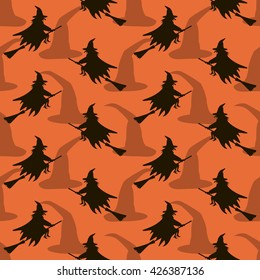 Seamless Halloween pattern of witches flying on broomsticks. Background in black and orange colors. Vector illustration for various creative projects