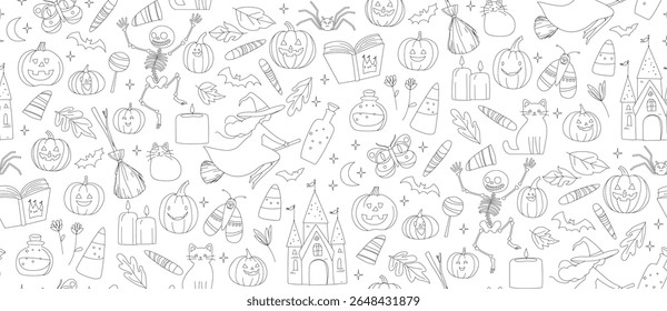 Seamless Halloween Pattern with Witches, Jack-o-Lanterns Pumpkins, Cats and Spooky Castle Cute Doodle Vector illustration. Cartoon Style Seamless Background with Magic Elements and Characters.