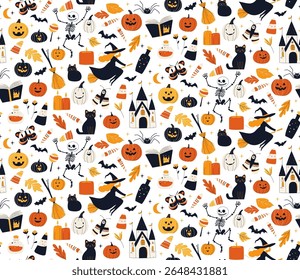 Seamless Halloween Pattern with Witches, Jack-o-Lanterns Pumpkins, Cats and Spooky Castle Cute Flat Vector illustration. Cartoon Style Seamless Background with Magic Elements and Characters.