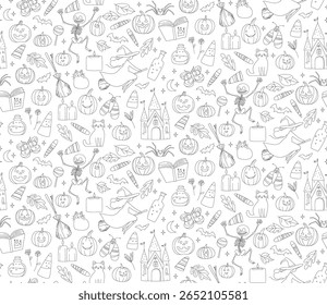 Seamless Halloween Pattern with Witches, Jack-o-Lanterns Pumpkins, Cats and Spooky Castle Cute Doodle Vector illustration. Cartoon Style Seamless Background with Magic Elements and Characters.