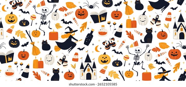 Seamless Halloween Pattern with Witches, Jack-o-Lanterns Pumpkins, Cats and Spooky Castle Cute Flat Vector illustration. Cartoon Style Seamless Background with Magic Elements and Characters.