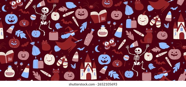 Seamless Halloween Pattern with Witches, Pumpkins, Cats and Spooky Castle Cute Flat Vector illustration. Cartoon Style Seamless Background. Muted colors, moody palette, dusty tones, autumnal hues