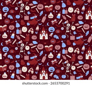 Seamless Halloween Pattern with Witches, Pumpkins, Cats and Spooky Castle Cute Flat Vector illustration. Cartoon Style Seamless Background. Muted colors, moody palette, dusty tones, autumnal hues