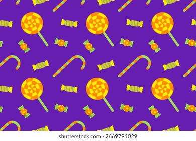 Seamless Halloween pattern with wrapped candy and lollipops on purple background. Perfect for festive packaging, party invitations, and crafts.