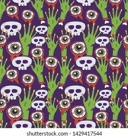 seamless halloween pattern. zombie hand, skull and eye ball