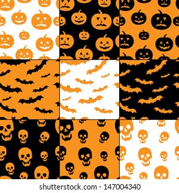 Seamless Halloween patterns with pumpkins, bats and skulls. Vector illustration EPS 10.