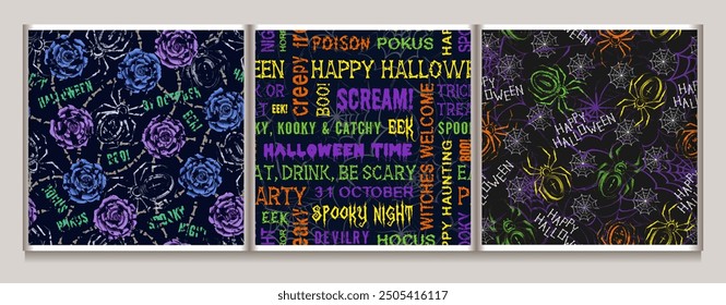 Seamless Halloween patterns with spiders, spiderweb, text, surreal blue roses. Funny bright background for textile, fabric, surface design.