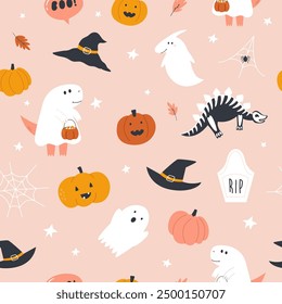 Seamless Halloween Patterns, Spooky Dinosaurs and Festive Elements.