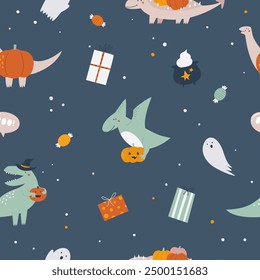 Seamless Halloween Patterns, Spooky Dinosaurs and Festive Elements.
