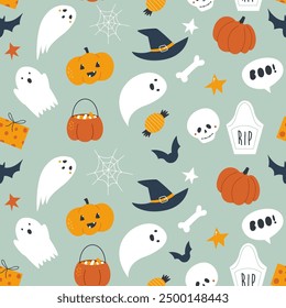 Seamless Halloween Patterns with Spooky Ghosts, Bats and Holiday Elements.