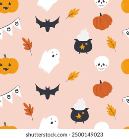 Seamless Halloween Patterns with Spooky Ghosts, Bats and Holiday Elements.