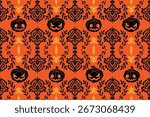 Seamless Halloween pixel art pattern featuring pumpkins, boiling cauldrons, skulls, cats, and vintage floral elements. Ideal for spooky-themed backgrounds and seasonal designs.