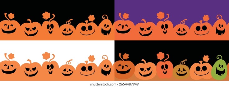 Fundo de abóbora de Halloween sem costura com silhuetas de abóbora assustadoras e jack-o'-lanternas assustador. Ilustração vetorial de Halloween-temáticos projetos, banners, convites, embalagem e decorações.