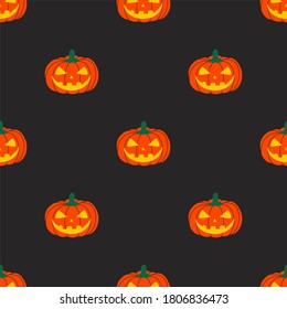 Seamless Halloween pumpkin pattern with carved faces on a black background. Design for Halloween and thanksgiving. Hand-drawn vector illustration