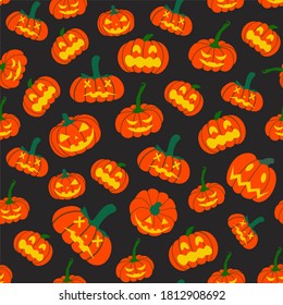 Seamless Halloween pumpkin pattern with carved faces on a black background. Design for Halloween and thanksgiving. Hand-drawn vector illustration