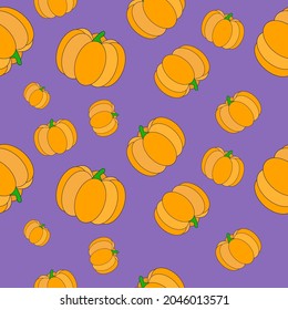 Seamless Halloween pumpkin pattern. Colorful pumpkin on purple background. Cute pattern for wrapping paper, textile prints, wallpapers.Vector isolated object