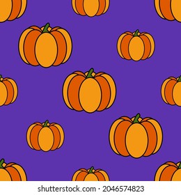 Nahtloses Halloween-Kürbismuster. Farbiger Kürbis auf violettem Hintergrund. Cute-Muster für Umhüllungspapier, Stoffdrucke, Wallpaper.Vektorgrafik