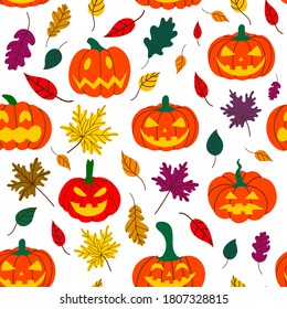Seamless Halloween pumpkin pattern with fallen leaves on a white background. Design for Halloween. Hand-drawn vector illustration