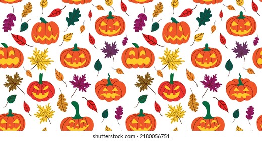 Seamless Halloween pumpkin pattern with fallen leaves on a white background. Design for Halloween and thanksgiving. Hand-drawn vector illustration. Vector illustration