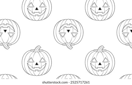 Padrão de abóbora de Halloween sem costura com faces Jack-O-Lantern, preto e branco, fundo repetitivo.