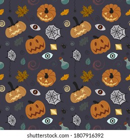 Seamless Halloween pumpkin pattern with leaves, cobwebs, spiders, potions. Pumpkin pattern on a black background. Design for invitations, postcards, printing, textiles.. Hand drawn vector illustration