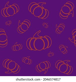 Seamless Halloween pumpkin pattern. Orange pumpkin on purple background. Line art. Cute pattern for wrapping paper, textile prints, wallpapers.Vector illustration