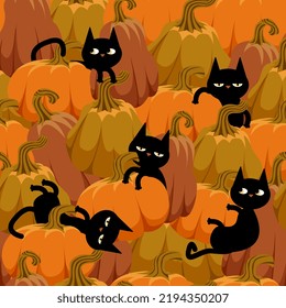 Seamless halloween pumpkins pattern. Cartoon black cats in orange pumpkins.