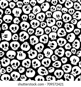 Seamless Halloween Random White Skulls Black Background Pattern