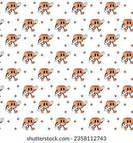 Seamless Halloween retro pattern pumpkin with cleaver. Stylish unique character in groovy style. Print. Vector