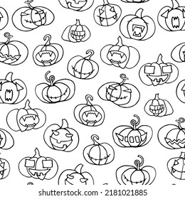 Seamless Halloween scary pumpkins pattern. Outline Funny, creepy, smiling face on white backgrounds. Doodle Autumn characters. Happy Halloween symbol. Spooky vector trick or treat party illustration