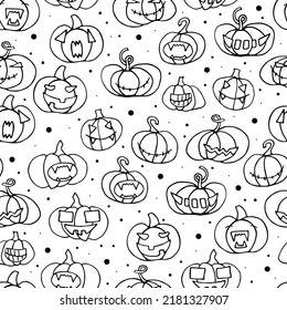 Seamless Halloween scary pumpkins pattern. Outline Funny, creepy, smiling face on white backgrounds. Doodle Autumn characters. Happy Halloween symbol. Spooky vector trick or treat party illustration