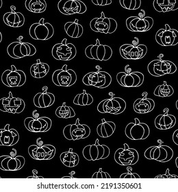 Seamless Halloween scary pumpkins pattern. Outline Funny, creepy, smiling face on black backgrounds. Doodle Autumn characters. Happy Halloween symbol. Spooky vector trick or treat party illustration
