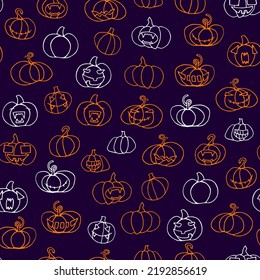 Seamless Halloween scary pumpkins pattern. Outline Funny, creepy, smiling face on purple backgrounds. Doodle Autumn characters. Happy Halloween symbol. Spooky vector trick or treat party illustration