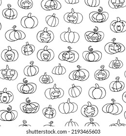 Seamless Halloween scary pumpkins pattern. Outline Funny, creepy, smiling face on white backgrounds. Doodle Autumn characters. Happy Halloween symbol. Spooky vector trick or treat party illustration