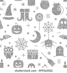 Seamless Halloween silver textured pattern with festive Halloween icons. Bright design for wrapping paper, paper packaging, textiles, holiday party invitations, greeting card. Vector illustration.