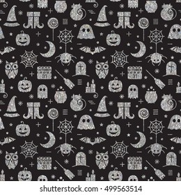 Seamless Halloween silver textured pattern with festive Halloween icons. Bright design for wrapping paper, paper packaging, textiles, holiday party invitations, greeting card. Vector illustration.