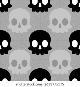 Seamless Halloween skull pattern with gray and black skulls on spiderweb background. Perfect for spooky fabric, wrapping paper, and seasonal design.
